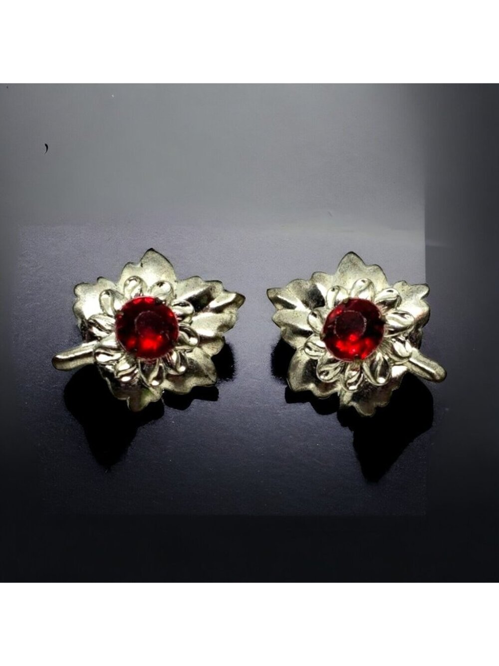 Vintage Red Rhinestone Maple Leaf Twist Back Earrings Silver Tone  1-1/8" × 7/8"